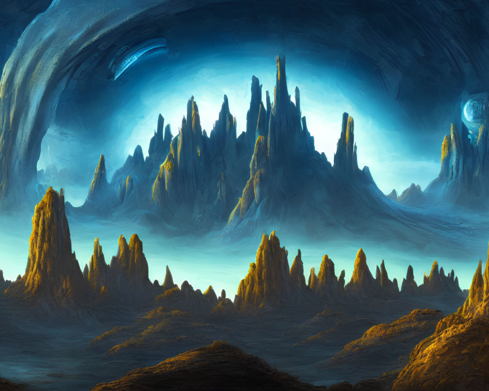 Alien landscape with towering rock formations and two moons