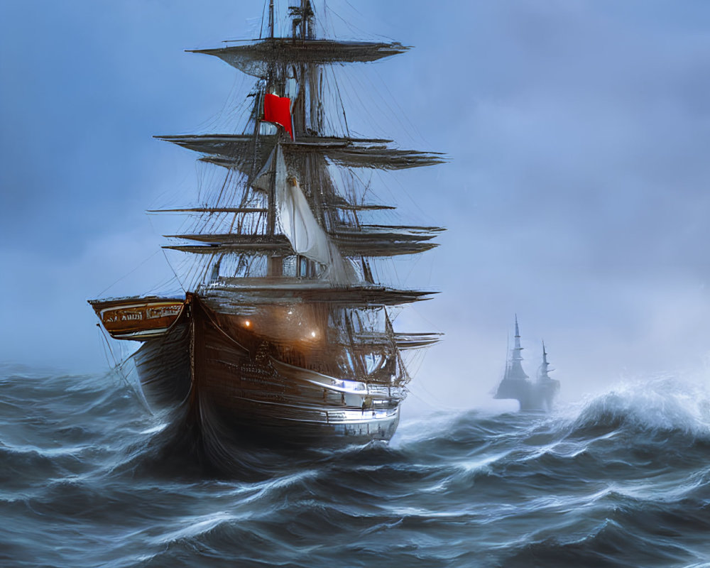 Tall ship with full sails in stormy seas with red flag