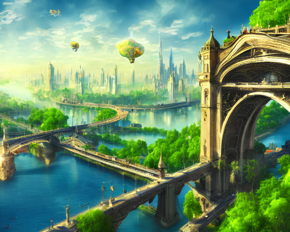 Lush greenery, ornate bridges, airships, and diverse architecture in a futuristic city