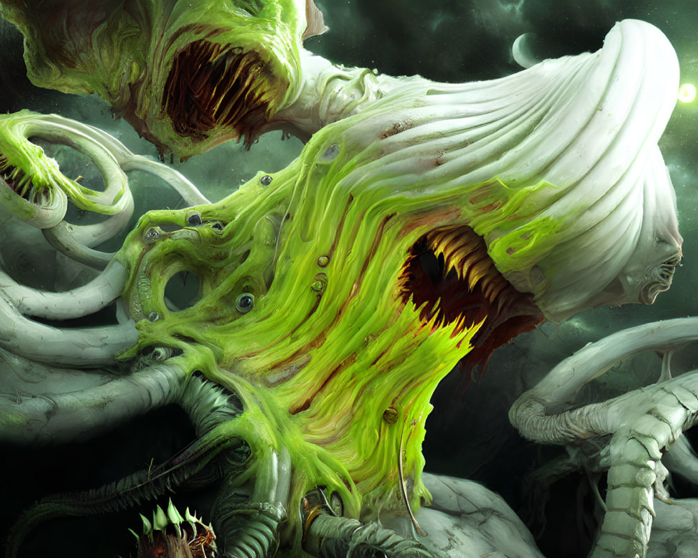 Eerie green luminescent creature with gaping maw in cosmic setting