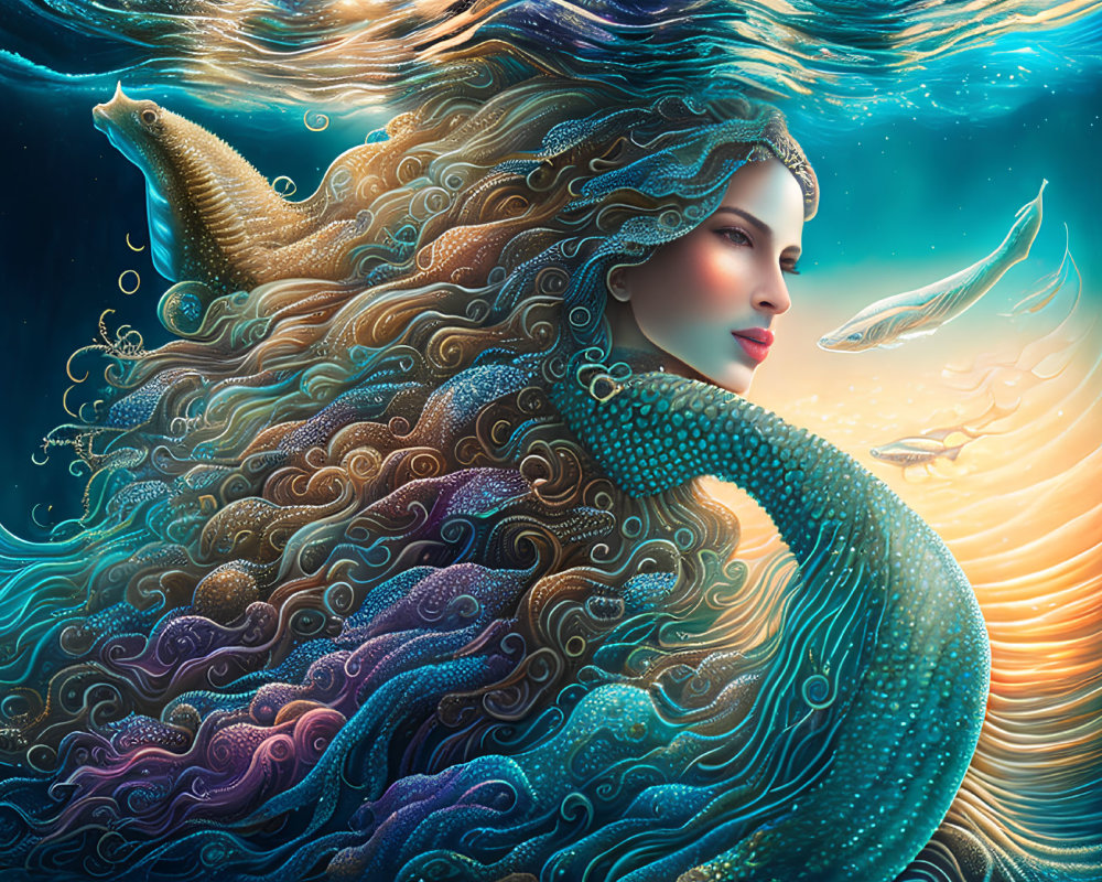 Mermaid and Turtle in Vibrant Underwater Dreamscape