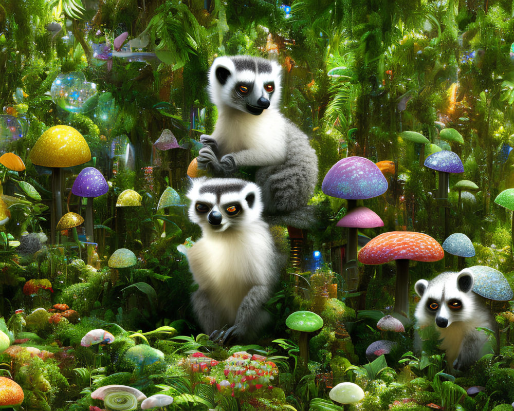 Colorful Cartoon Lemurs in Enchanted Forest Glade