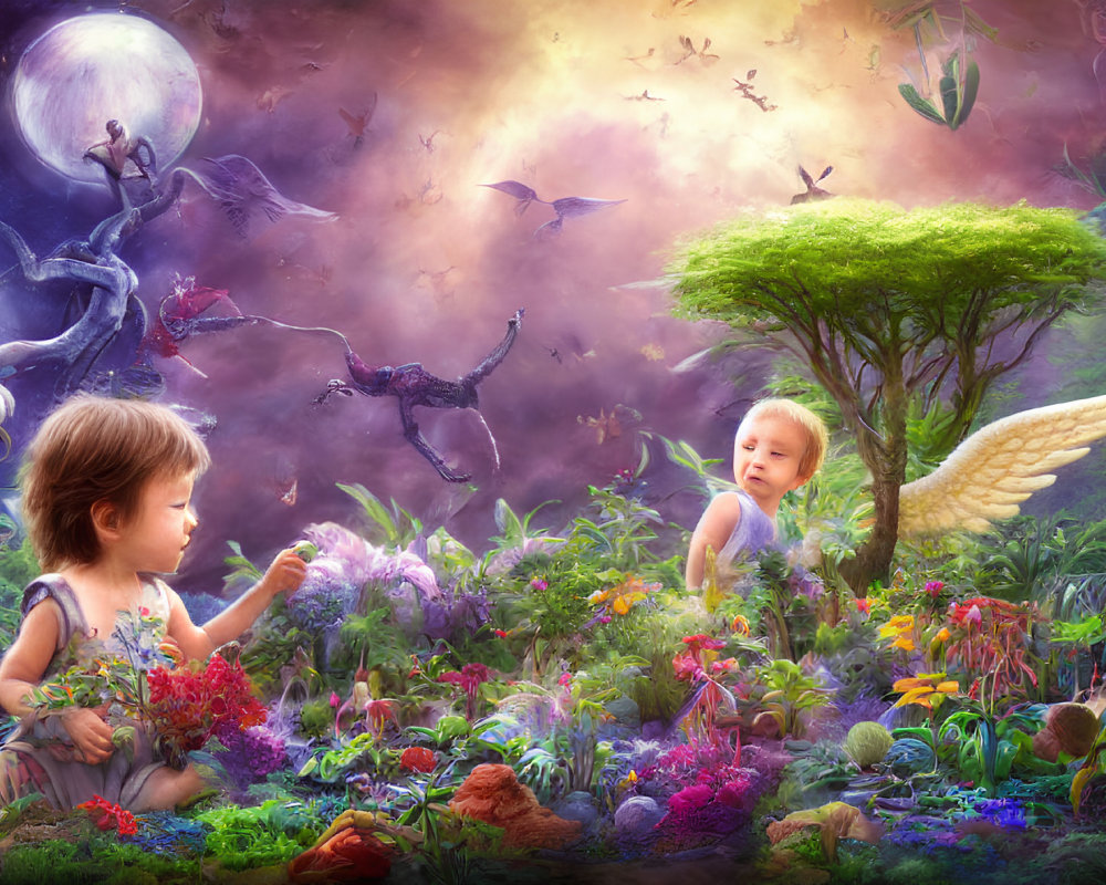 Children in magical garden with vibrant flora, fauna, talking tree, flying birds, celestial elements