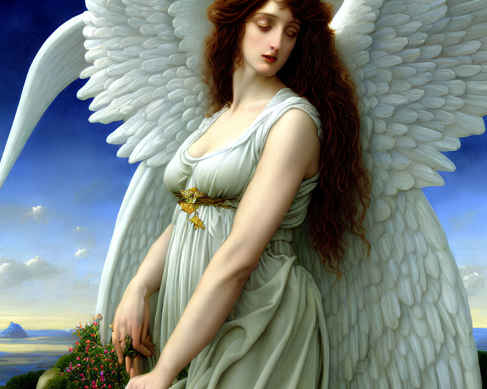 Female angel with red hair and white wings in serene landscape