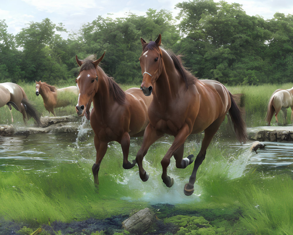 Horses grazing and running near water stream in lush green landscape