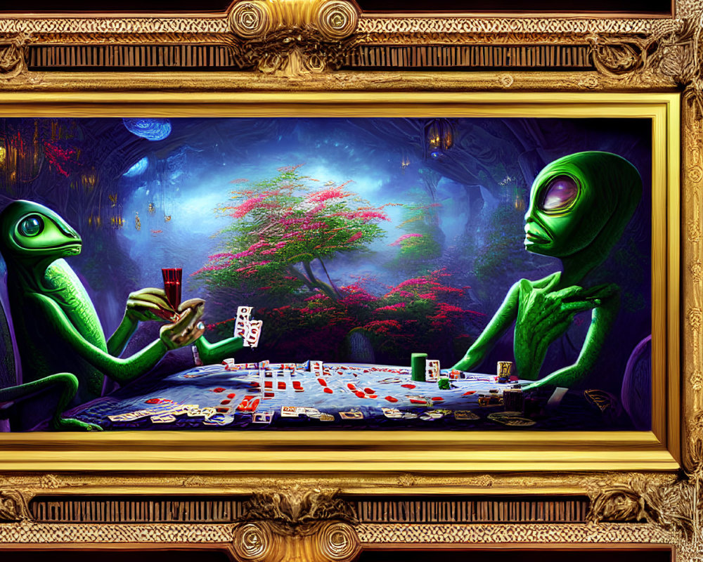 Stylized aliens playing cards in lush forest setting