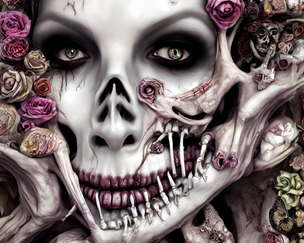 Detailed Artwork: Skeletal Figure with Menacing Eyes Surrounded by Colorful Roses