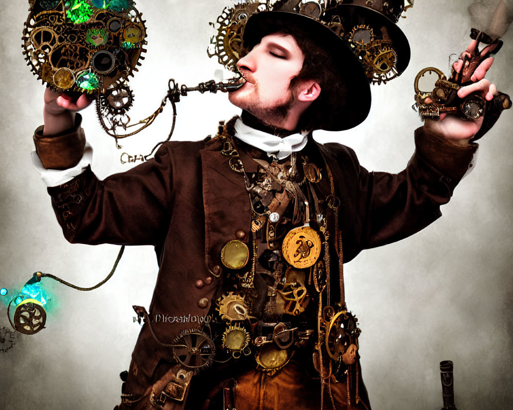 Steampunk-themed man kisses smoking mechanical object with gun.