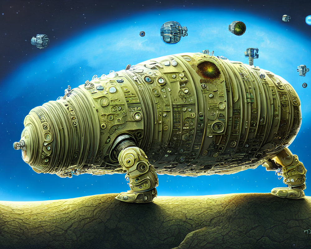 Whimsical robotic sheep on alien landscape with floating space stations