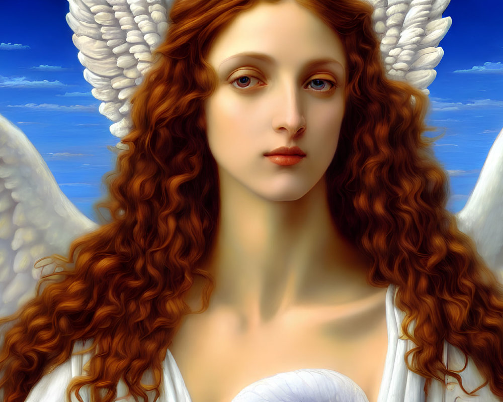 Digital painting: Auburn-haired angel with white wings on blue sky.