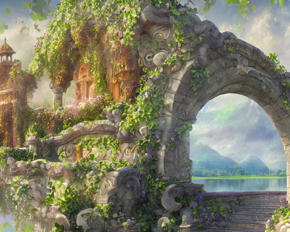 Fantasy landscape with stone archway and palace in serene setting