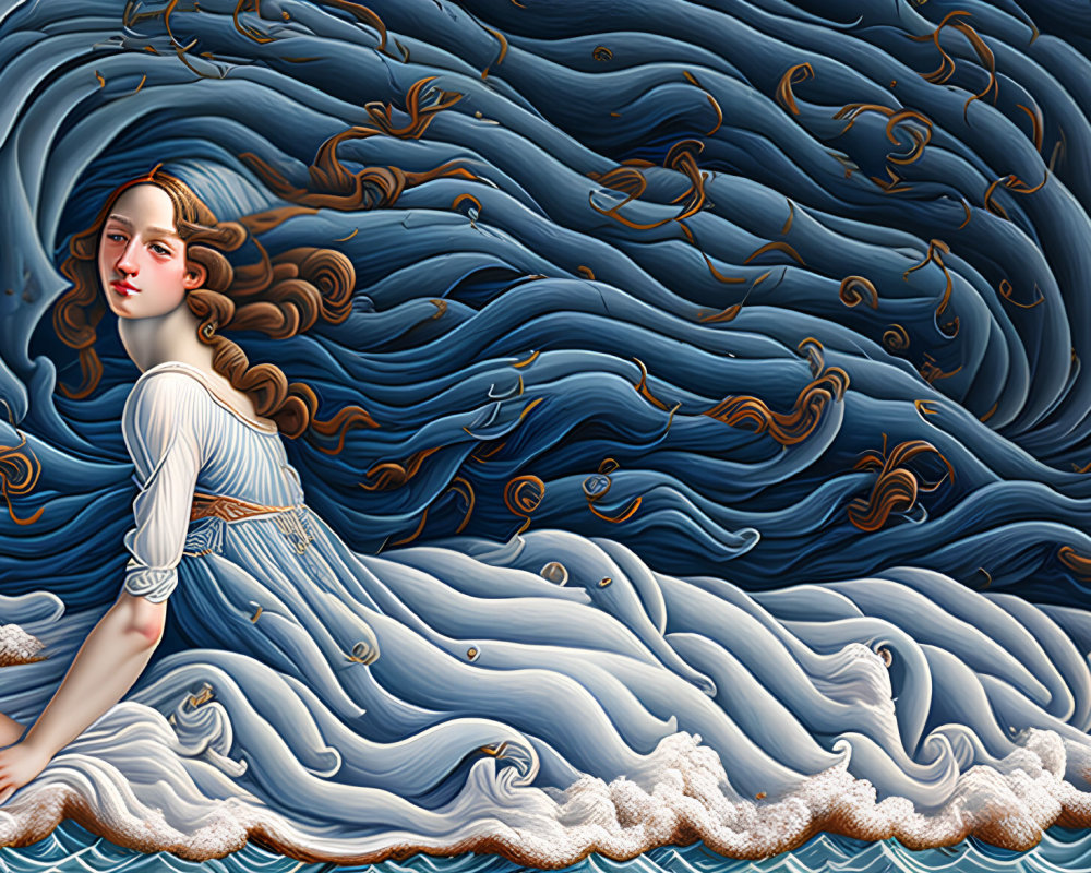 Illustration of woman merging with blue ocean waves in surreal style