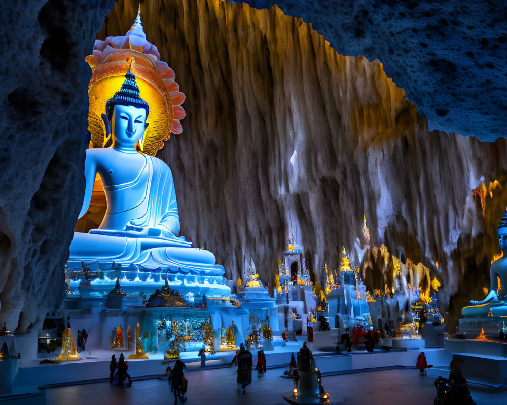 Blue and White Buddha Statues in Cave Temple with Visitors