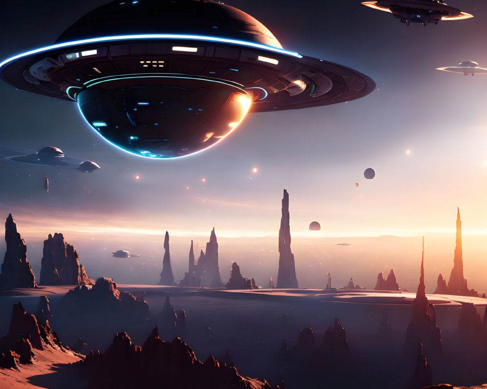 Futuristic spaceships over rocky alien landscape at sunrise.