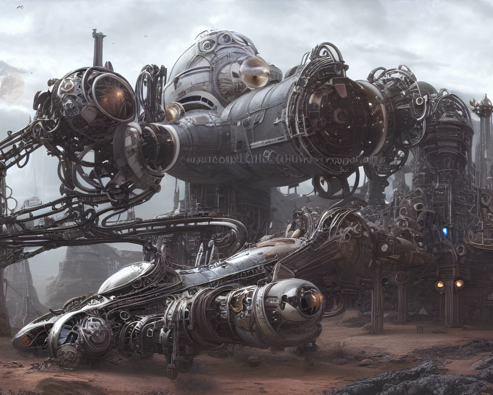 Detailed Sci-Fi Cityscape with Machinery, Robotic Structures, and Spherical Modules