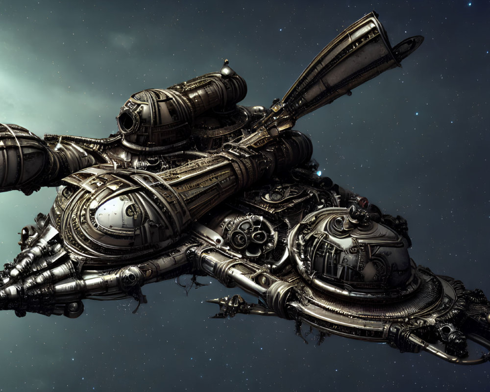 Detailed Steampunk-Style Spaceship Against Starry Space Backdrop