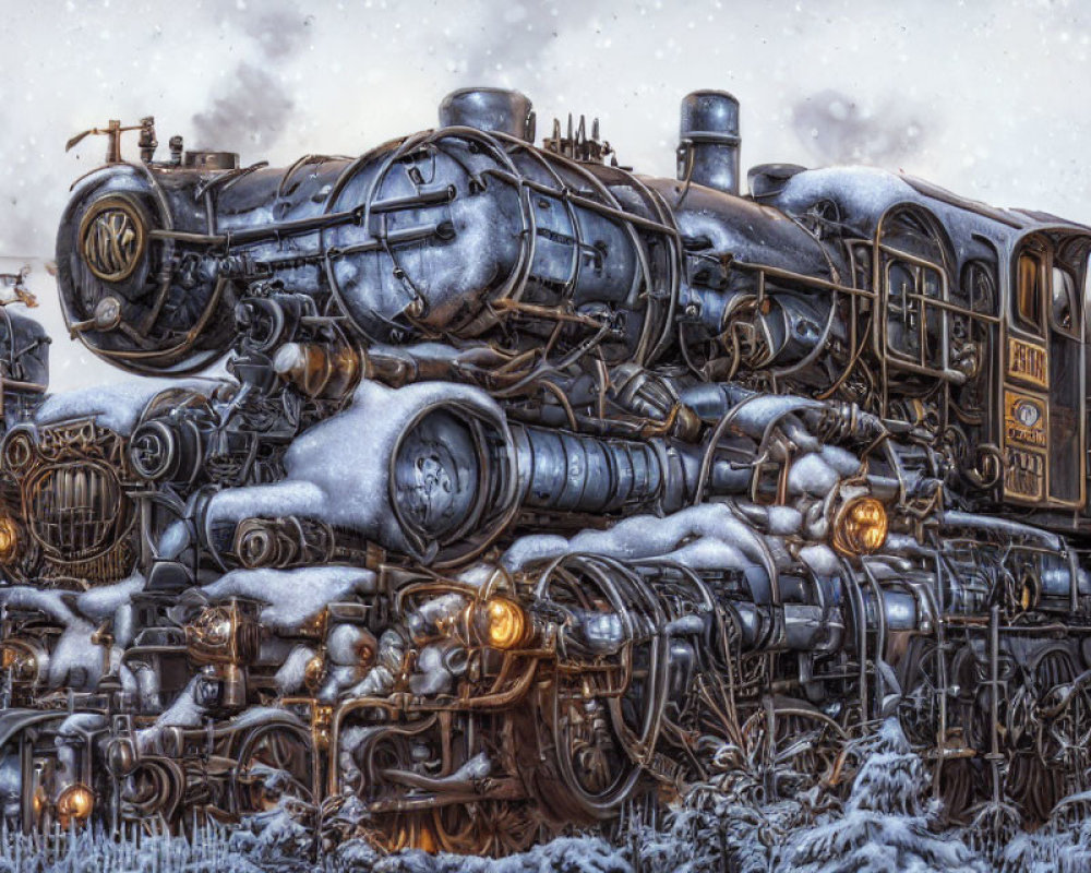 Detailed Steampunk-Style Locomotive with Snow and Brass Fittings