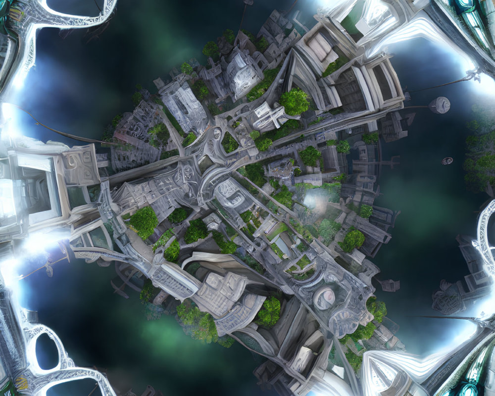 Surreal fisheye cityscape with historic, greenery, and futuristic elements