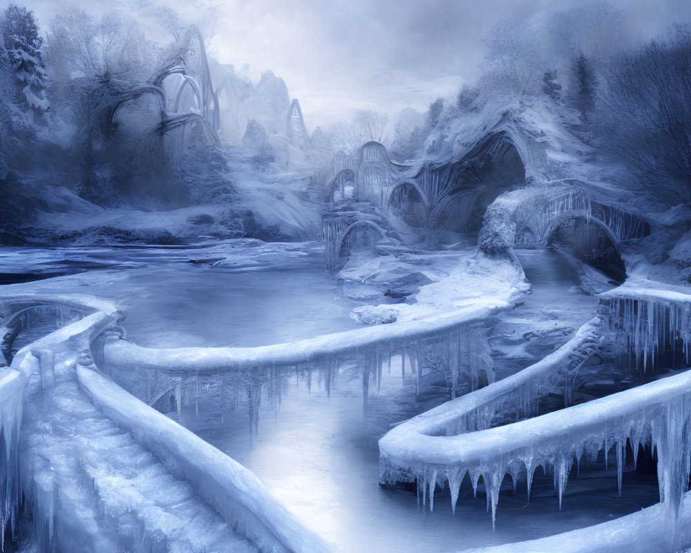 Surreal wintry landscape with icy rivers, frost-covered trees, stone bridges, snowy cliffs