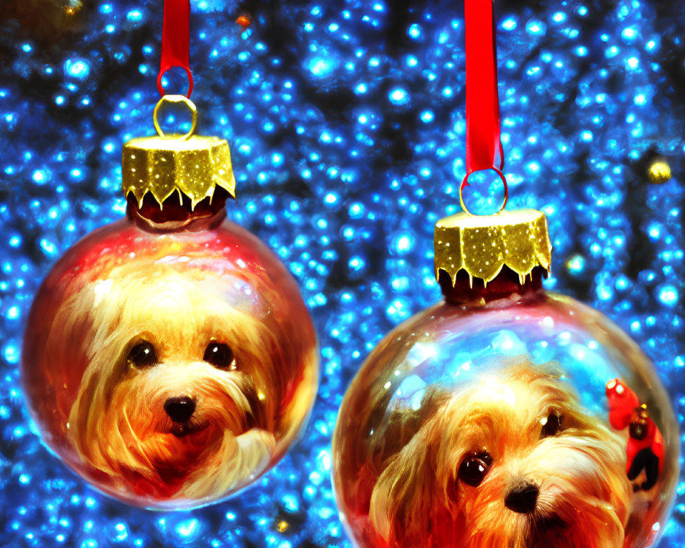 Christmas ornaments featuring dog images on glittery blue background