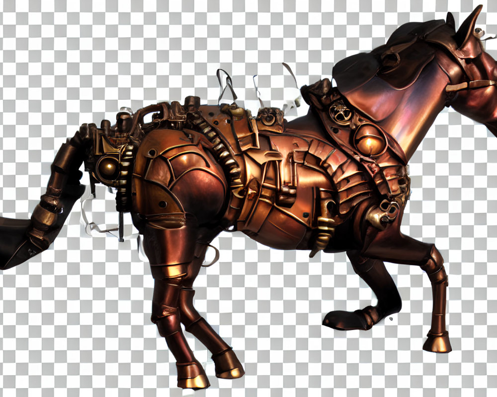 Steampunk mechanical horse with bronze gears on transparent background