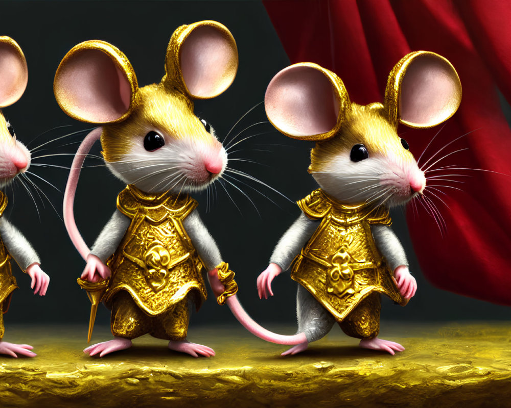 Anthropomorphic mice in golden armor with red curtain background.