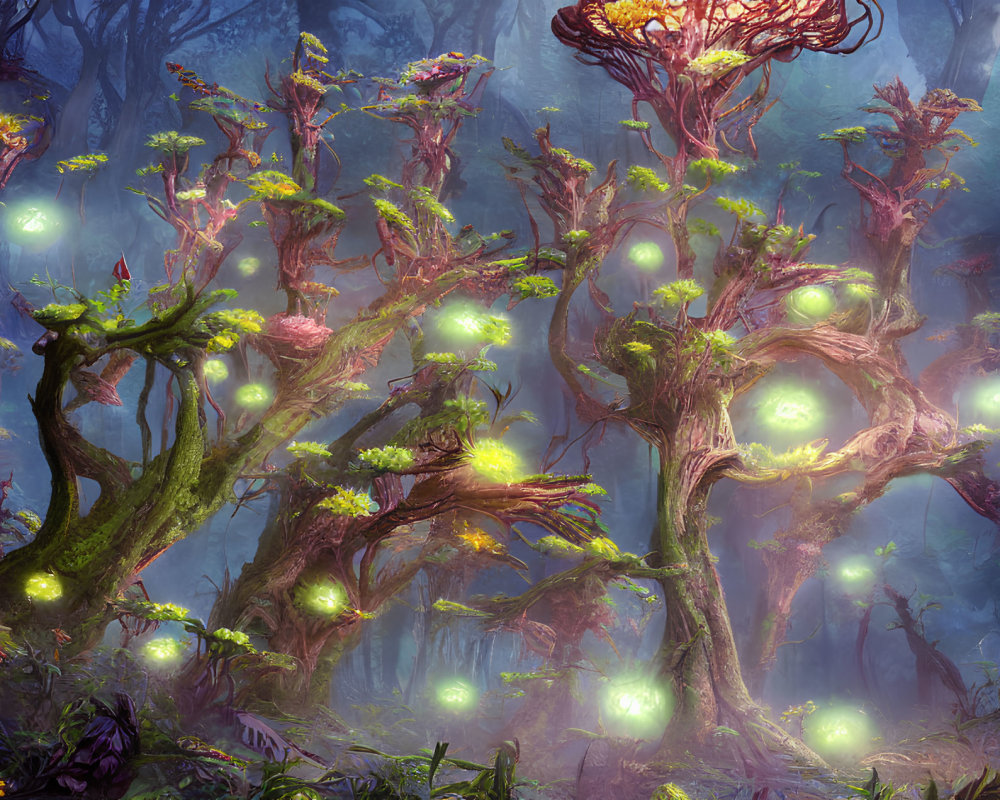 Mystical forest with glowing orbs, thick mist, vibrant foliage