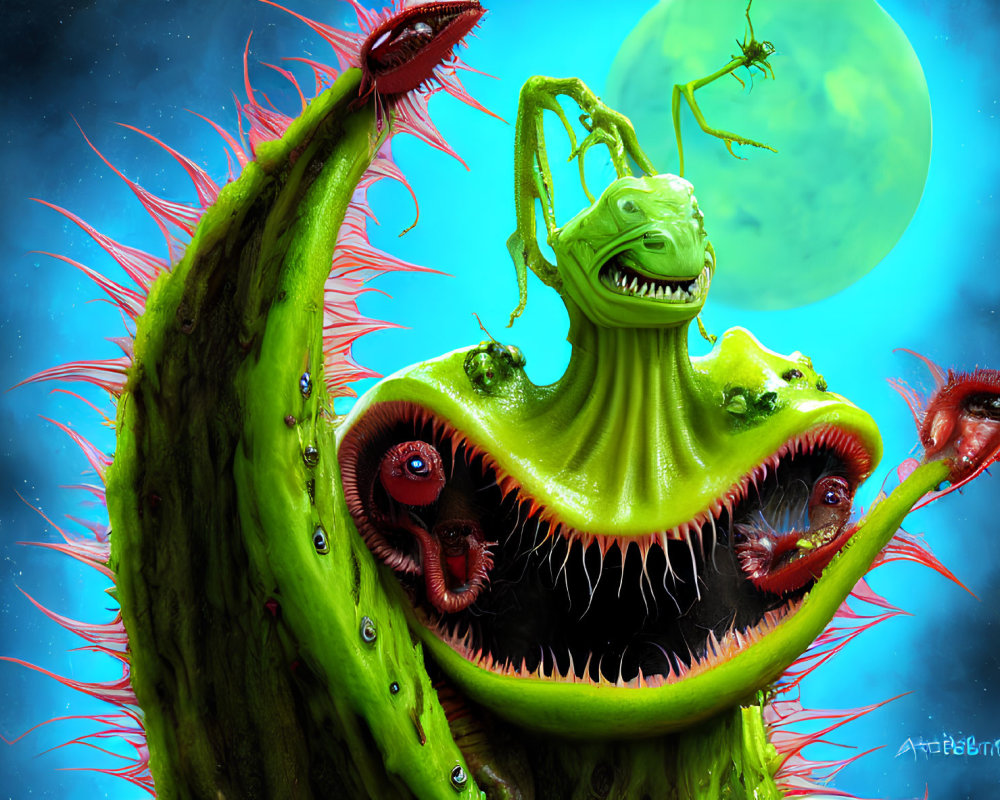 Colorful alien with red eyes and tentacles holding a small creature under a blue sky and green moon