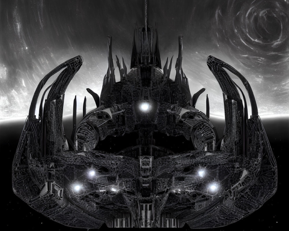 Detailed Monochromatic Sci-Fi Mechanical Structure on Cosmic Background