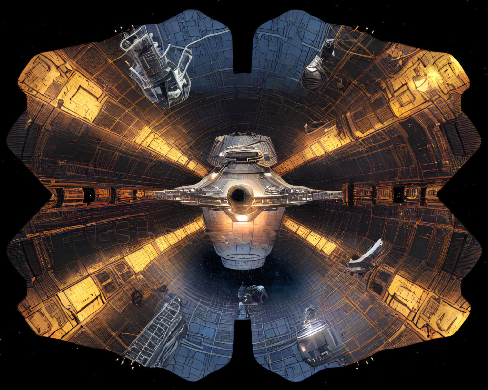 Symmetrical sci-fi spaceship corridor with spherical structure in starry space