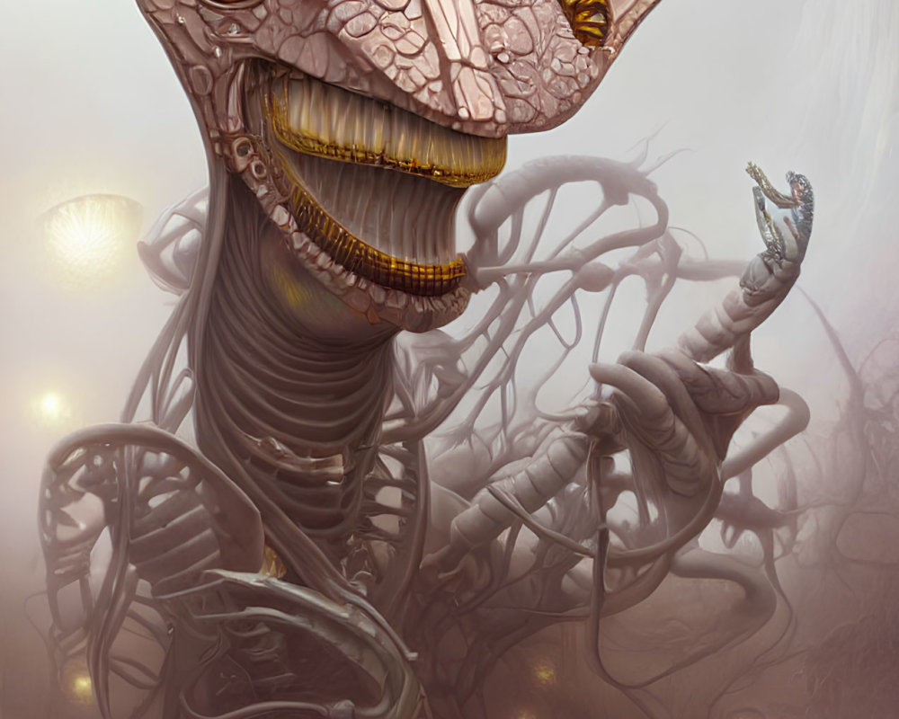 Fantastical creature with tentacles, large teeth, and oversized eye in misty setting