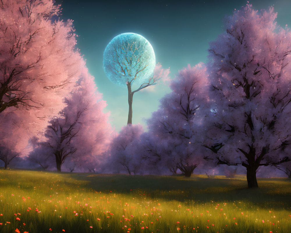 Serene meadow with cherry blossom trees under blue moon