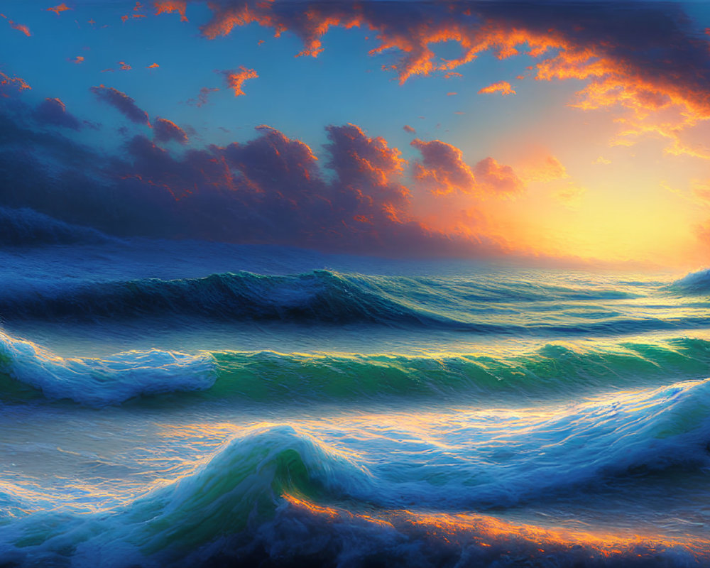 Scenic ocean sunset with vibrant clouds and gentle waves