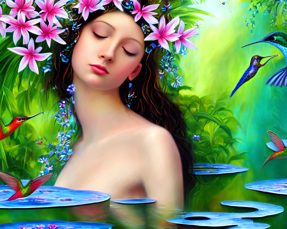 Illustration: Woman with floral crown, hummingbirds, lilies in vibrant green setting