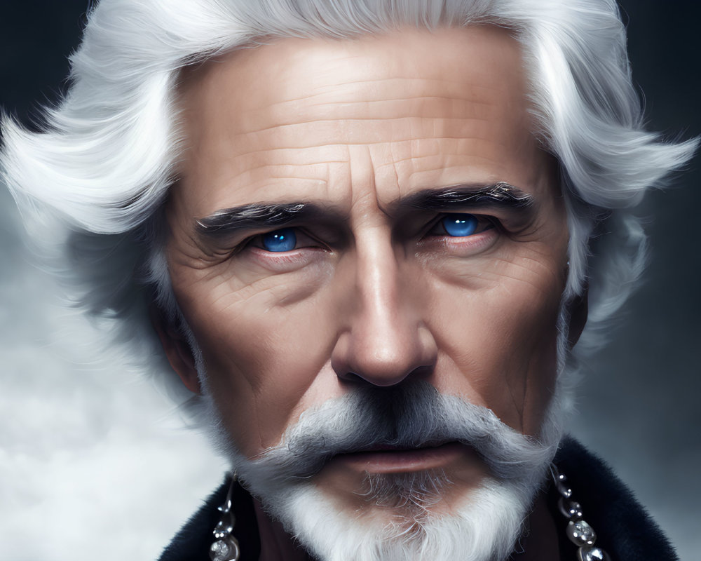 Detailed digital portrait of older man with blue eyes, white hair, mustache, and stern gaze in