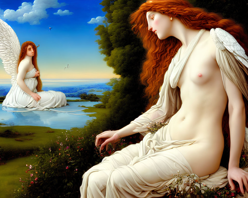 Ethereal women with angelic wings in tranquil landscape