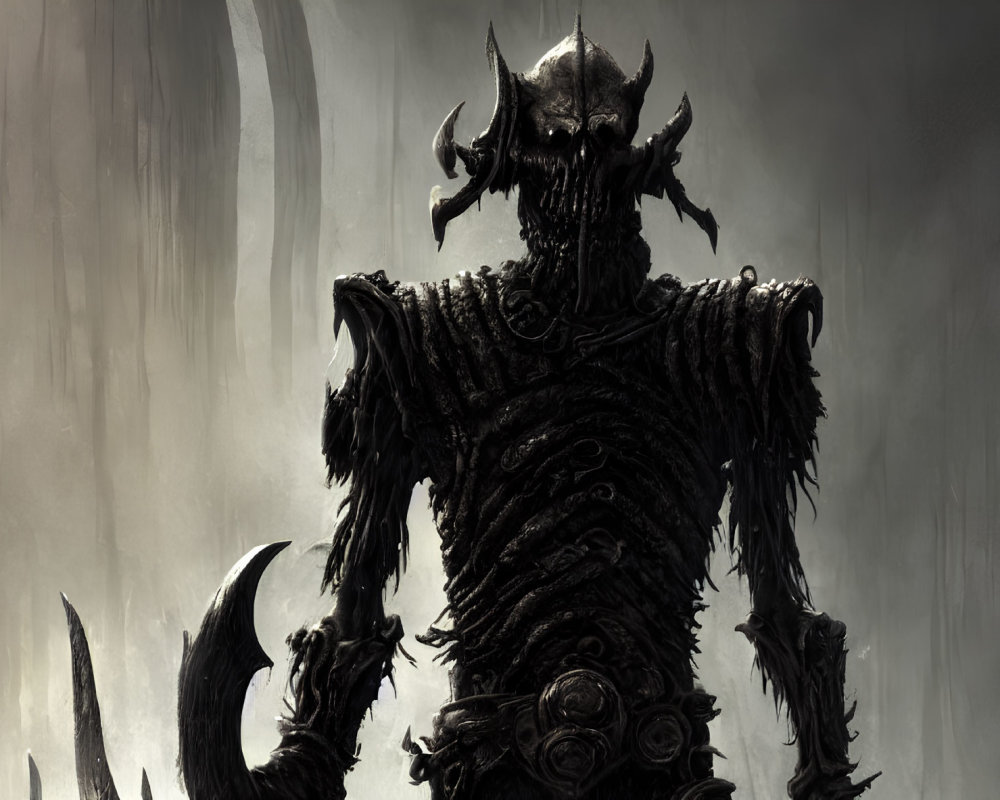 Dark fantasy figure with horns and armor in eerie setting