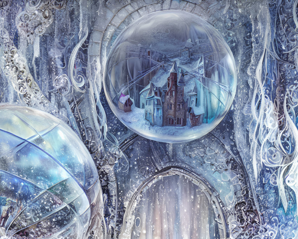 Icy Landscape with Frost Patterns and Crystal Balls