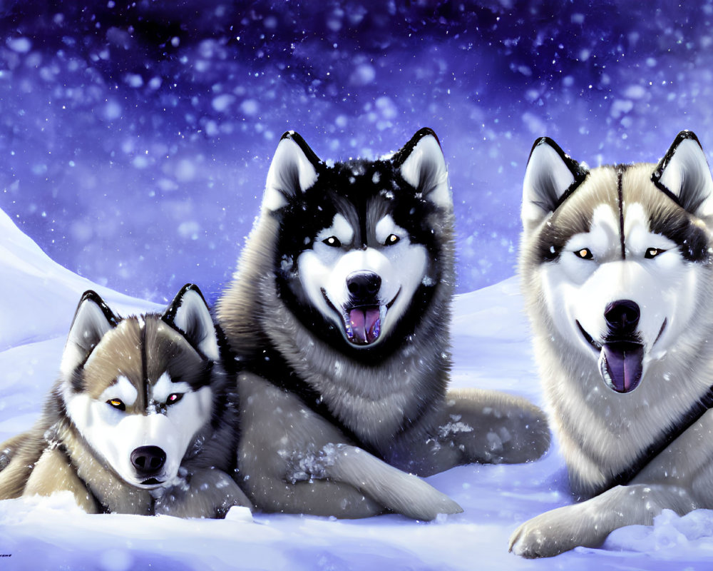 Three Siberian Huskies in Snow with Falling Snowflakes at Twilight