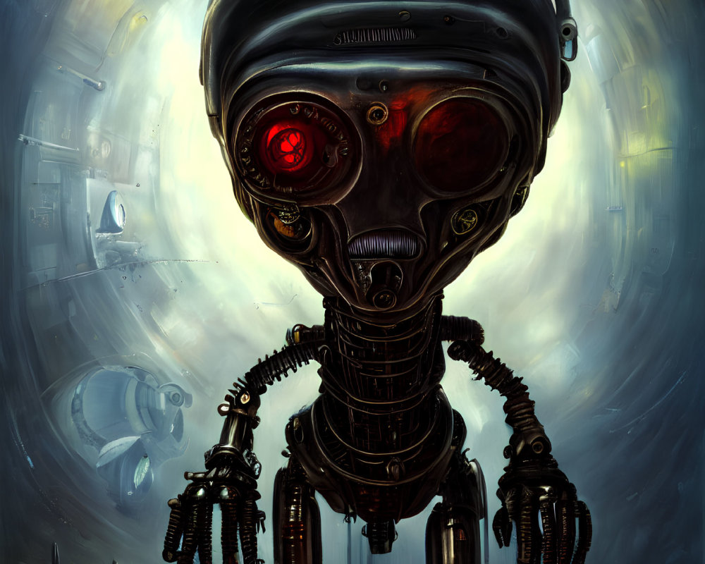 Detailed Illustration of Robot with Red Glowing Eyes on Swirling Blue Futuristic Background