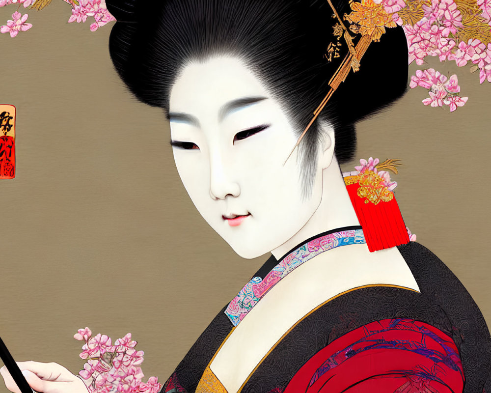 Traditional Japanese Geisha Woman Illustration with Cherry Blossom Backdrop