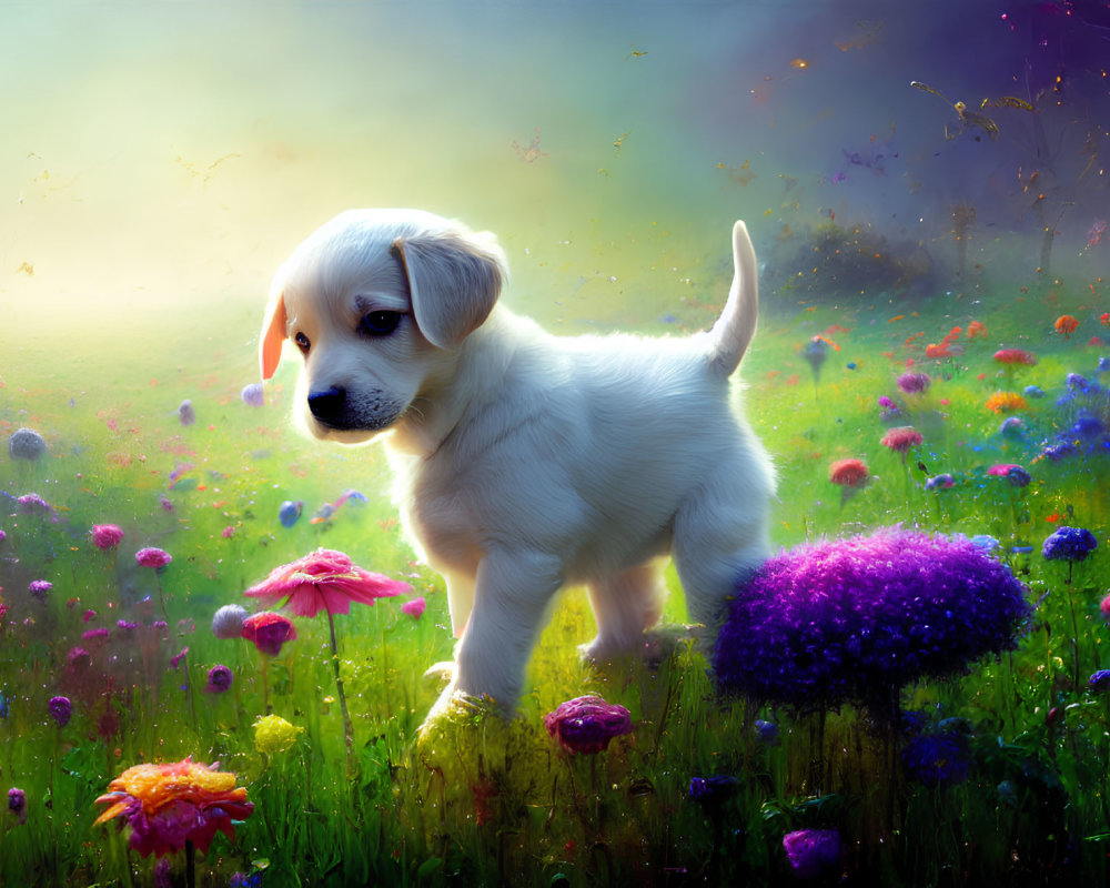 Playful puppy in vibrant meadow with colorful flowers and dreamy sky