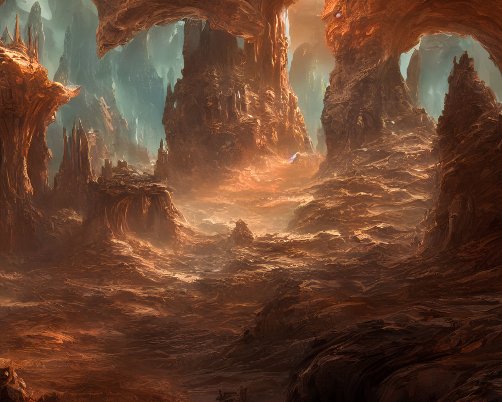 Majestic rock formations in glowing mist on alien terrain