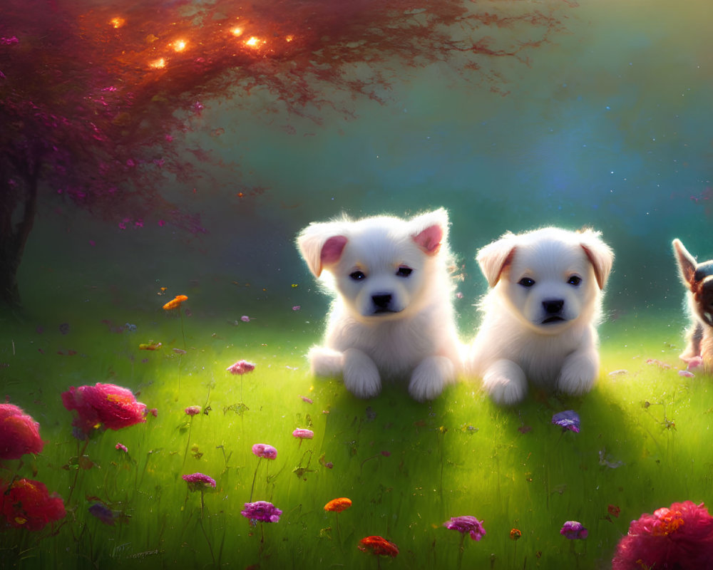 Three adorable puppies in magical meadow with mystical tree and colorful sky