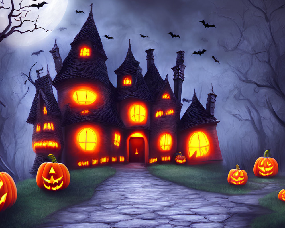 Spooky Halloween-themed illustration with haunted house, pumpkins, bats, and full moon