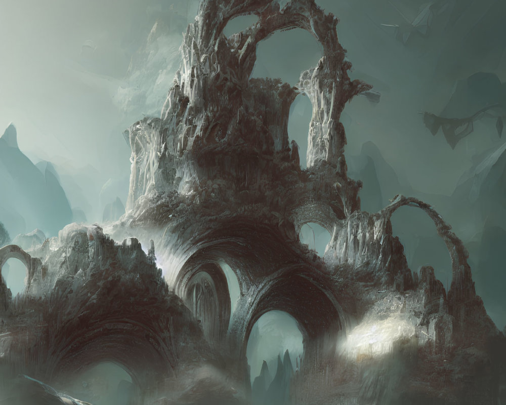 Mystical landscape with towering rock arches and icy structures under hazy sky