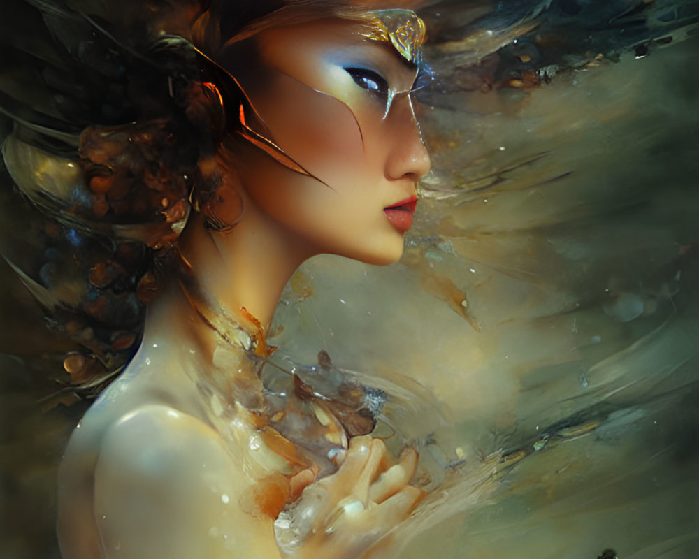 Stylized painting of woman with ornate headpiece in swirling golden and brown hues