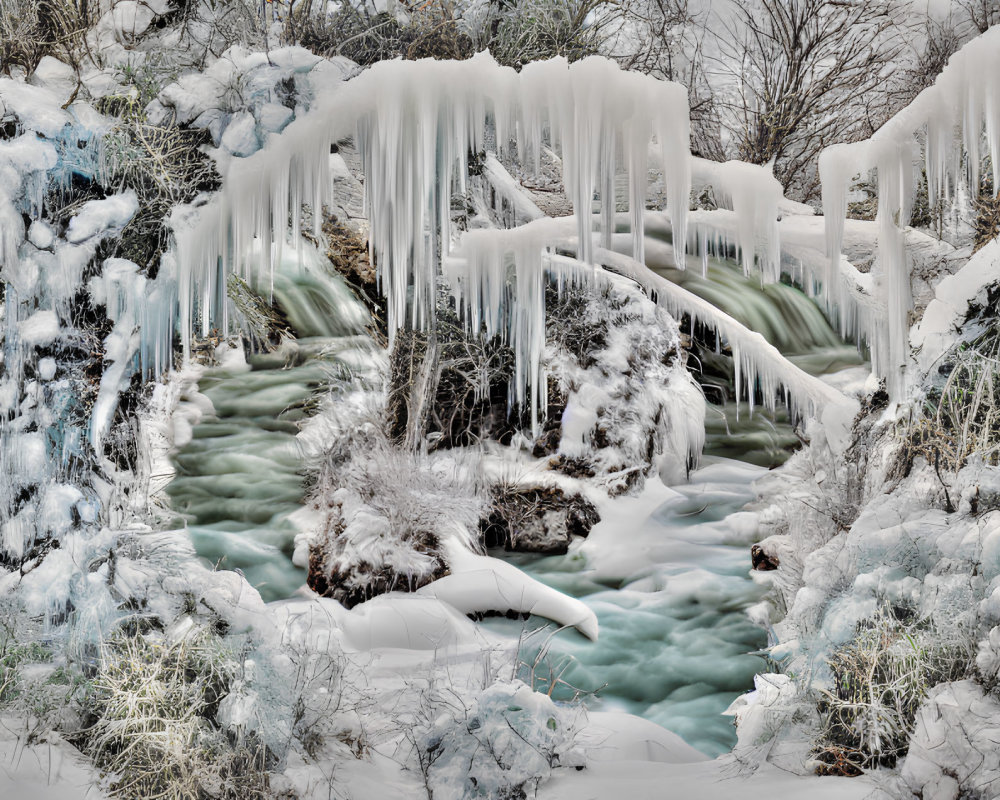 Winter Waterfall Among Icicles and Snow-covered Vegetation