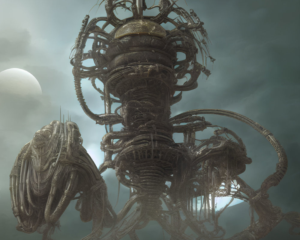 Dark mechanical alien tower with tangled wires and pipes under a pale sun