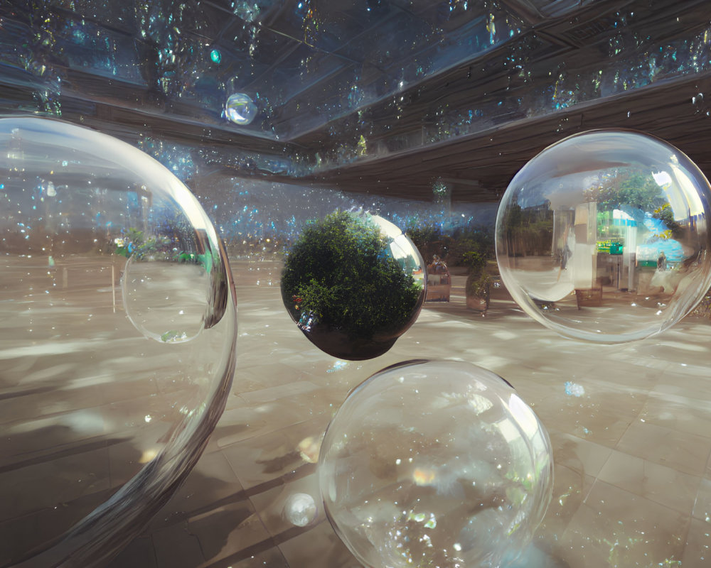 Transparent bubbles and green trees in sunlit conservatory